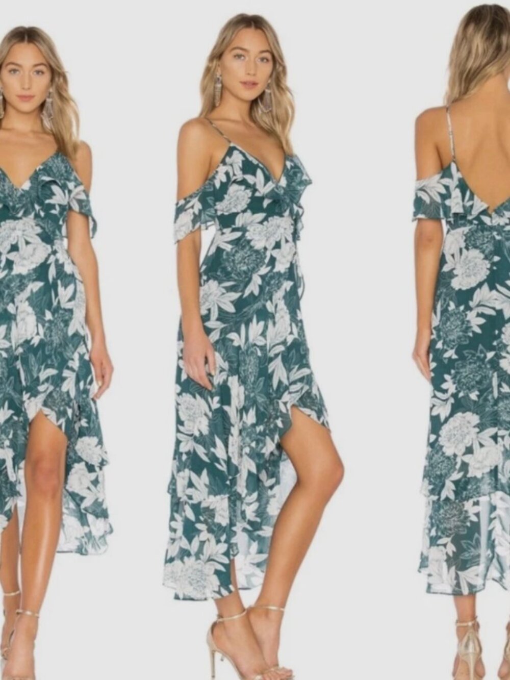 Bardot Women's Garden Party Dress Cold Shoulder Green Floral Ruffle High-Low 4